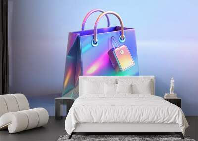 Holographic shopping bag with glowing discount tags and copy space concept as A high quality image of a glossy shopping bag emitting glowing holographic discount tags; set against a holographic backgr Wall mural