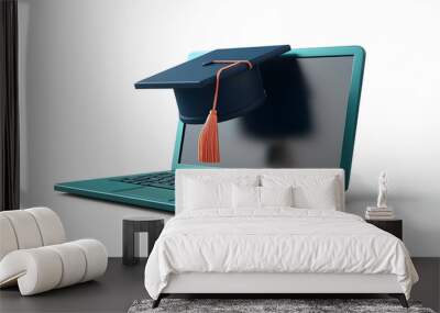 Laptop and Graduation Cap Isolated Vector concept as A clean isolated vector of a laptop and a graduation cap symbolizing the completion of online education. The elements are placed on a white backgro Wall mural