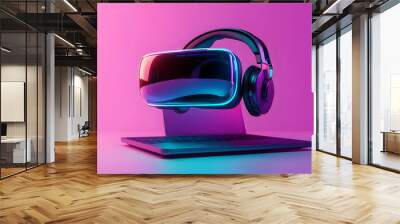 Laptop and headset with holographic communication tools and copy space isolated on white balance concept as Camera movement Focus on both the laptop and headset highlighting the glowing holographic co Wall mural