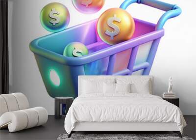 Macro shot of a holographic shopping cart with glowing currency symbols and copy space concept as A detailed close up of a holographic shopping cart adorned with glowing currency symbols set against a Wall mural