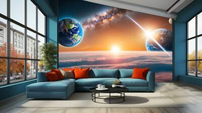 Photo Realistic as Earth Sunrise and Space Sunset concept as A view depicting Earths sunrise and space sunset set against a whimsical background offering ample space for text or graphics symbolizing t Wall mural