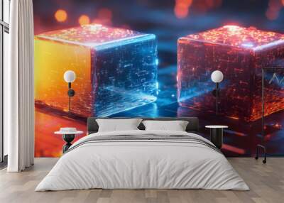 Photo Realistic as Glossy Glowing Holographic Laptop and Calendar concept as A photo featuring a glossy glowing holographic laptop and a calendar. The objects are positioned towards the right highligh Wall mural