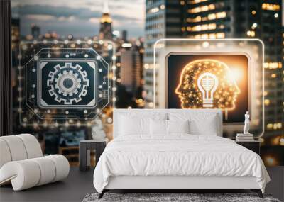 Photo Realistic as Machine learning and piggy bank concept as A machine learning icon paired with a piggy bank symbolizing the integration of AI in personal finance management ideal for isolated vecto Wall mural