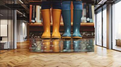 Rainy Day Library Visit: Photo Realistic People in Rain Boots Exploring Libraries with Dreamy Background Wall mural