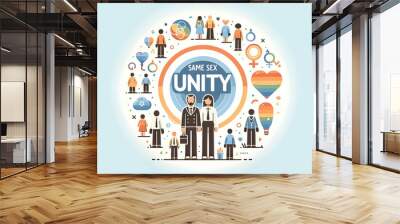 same sex parent Circle with Unity Text concept as An isolated vector featuring a circular arrangement of icons representing same sex parents with the word Unity in a bold modern font. This image symbo Wall mural