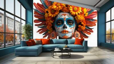 Stunning 3D Holographic Catrina with Glossy Marigold Crown - Colorful Dia de Muertos Icon Isolated on White Background for Vibrant Holiday Designs Wall mural