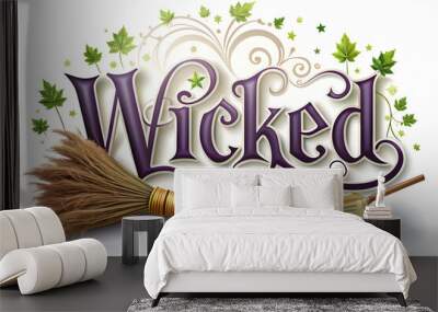 Witchs Grimoire and Broom with Wicked Text concept as An isolated vector featuring a witchs grimoire and broom with the word Wicked in a playful spooky font. The elements are set against a white backg Wall mural