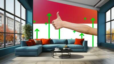 Indonesia flag with green up arrows, upward rising arrow on data, increasing values and improving  Wall mural