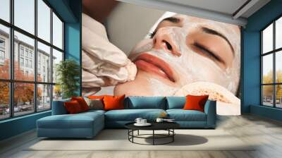 Young woman with perfect skin, towel on head, beauty photo concept, skin care, spa concept, treatment, facial massage. Wall mural