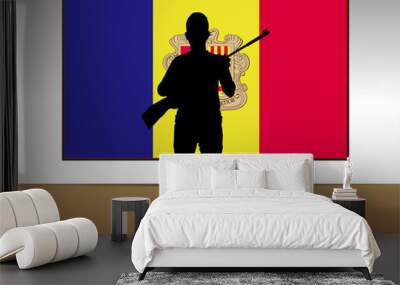 Man holding a gun in front of Andorra flag, fight or war idea Wall mural