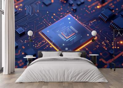 High tech electronic circuit board vector technology background concept. Close up of a abstract motherboard. Electronic PCB (Printed circuit board) with processor and microchips. 3d illustration Wall mural