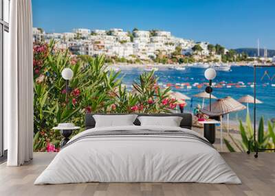 View of Bodrum Beach, Aegean sea, traditional white houses, marina, sailing boats, yachts in Bodrum town Turkey.  Wall mural