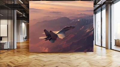 Jet fighter at mountain with sunset view Wall mural