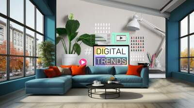 Digital trends with modern graphic and text on laptop on desk table.business online.Social  communication. Wall mural