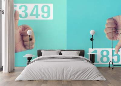 Effect result concepts with two hand showing thumb up presents like and dislike,positive or negative sign on blue background.Business  communication marketin Wall mural