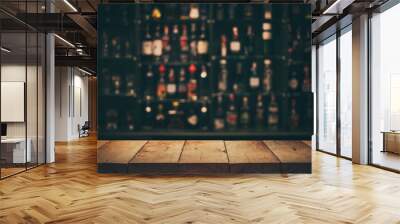 Empty the top of wooden table with blurred counter bar and bottles Background Wall mural