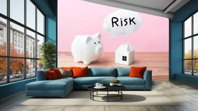 Home (house) mockup and piggy bank with risk text on wooden table Wall mural