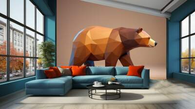 3d low poly cute brown bear walking, side view Wall mural