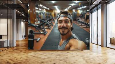 A man with a beard and a smile is taking a selfie in a gym Wall mural