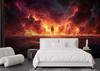 A person stands in front of a fire, surrounded by flames and smoke Wall mural