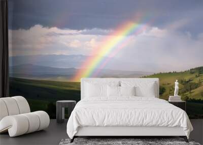 A rainbow is seen in the sky above a grassy field Wall mural