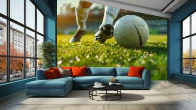 A soccer player is about to kick a white soccer ball on a green field Wall mural