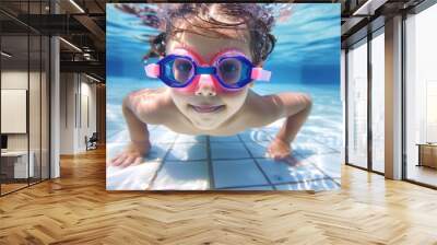 A young girl is swimming in a pool wearing goggles Wall mural