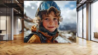 boy skier with Ski goggles and Ski helmet on the snow mountain Wall mural