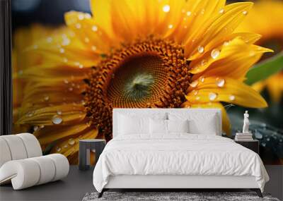 Close up of sunflower with water droplets on petals. created by generative AI technology. Wall mural