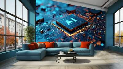 Detailed Close-up of an AI Chip on a Circuit Board Wall mural