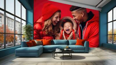 Happy family, smiling and laughing, wearing red clothes. The background is red. created by generative AI technology. Wall mural