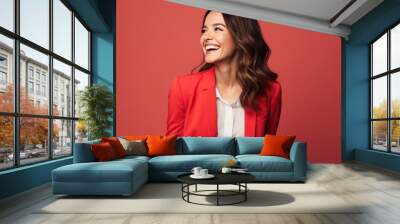 Happy ultra beauty business girl, who is smiling and laughing, wearing bright clothes. Bright solid background. created by generative AI technology. Wall mural