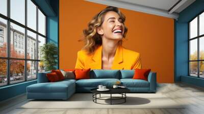 Happy ultra beauty business girl, who is smiling and laughing, wearing bright clothes. Bright solid background. created by generative AI technology. Wall mural