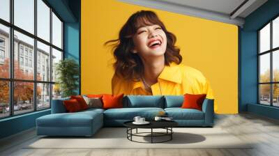 Happy ultra beauty girl, who is smiling and laughing, wearing bright clothes. Bright solid yellow background. studio photos. created by generative AI technology. Wall mural