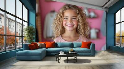 little caucasian girl with colorful sweatshirt in professional colorful photo studio background Wall mural