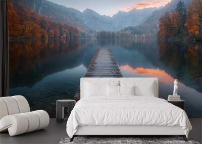 Long Wooden Dock in Middle of Lake Wall mural