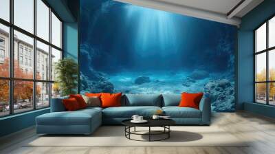 panorama of deep sea underwater scene with volume lights Wall mural