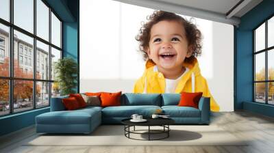 Portrait of a laughing baby in a yellow clothing on a white background. created by generative AI technology. Wall mural