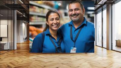 Portrait of happy female and male staff in supermarket. created by generative AI technology. Wall mural