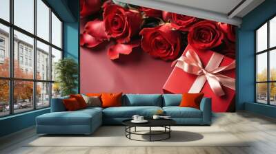 Red roses and gift box on red background, valentines day concept created by generative AI technology. Wall mural