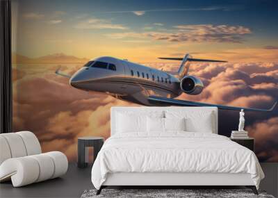 Small private jet flying in the blue sky with clouds at sunset. Wall mural