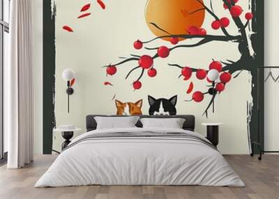 Two cats are sitting on a branch of a tree Wall mural