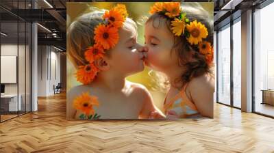 Two young children wearing flower crowns and kissing each other Wall mural