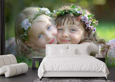 Two young girls are laying on the grass, one wearing a flower headband Wall mural