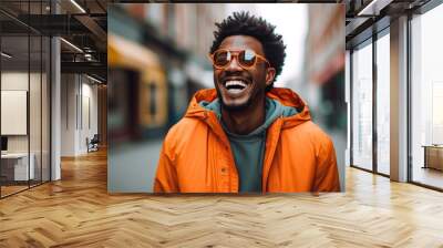 Ultra handsome young man, smiling and laughing, wearing bright clothes on the street. created by generative AI technology. Wall mural