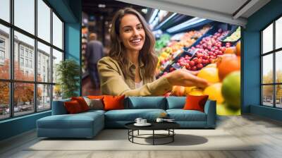 woman smiling and shopping in the supermarket, Vegetables and fruits on shelf, Generative AI image. Wall mural