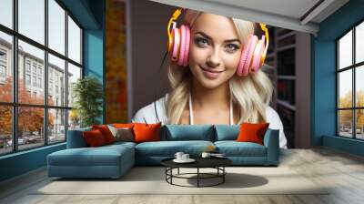 Woman Wearing Headphones and Smiling Wall mural