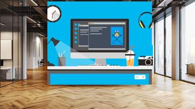 Working place, computer and other things on the desk, vector illustration Wall mural