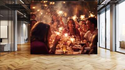 Yonge people taking dinner on Christmas background Wall mural