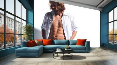 portrait of handsome fashion stylish hipster model man in classic shirt with bare chest isolated on white Wall mural